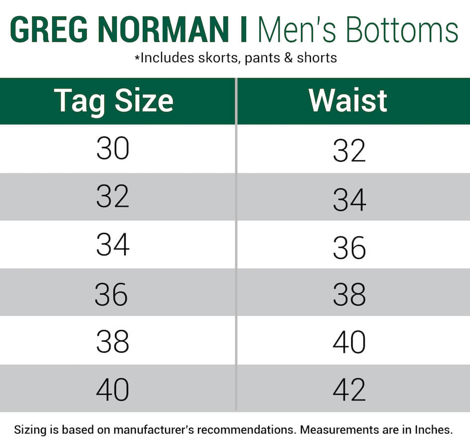 greg norman-shorts-mens size chart